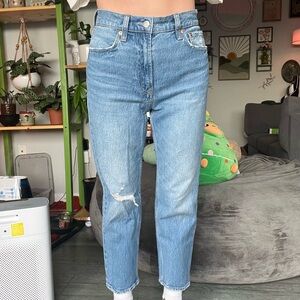 high waisted ripped straight-leg jeans medium wash denim soft relaxed fit retro